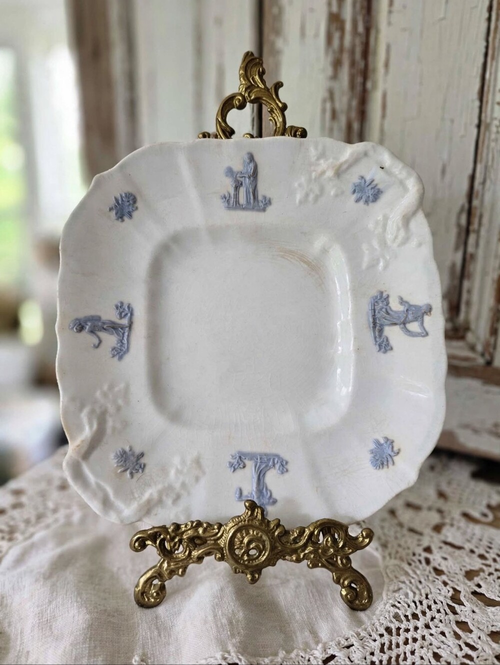 Antique Blue Chelsea Sprig Ironstone Cake Plate Tray Grandmother Ware 1840s